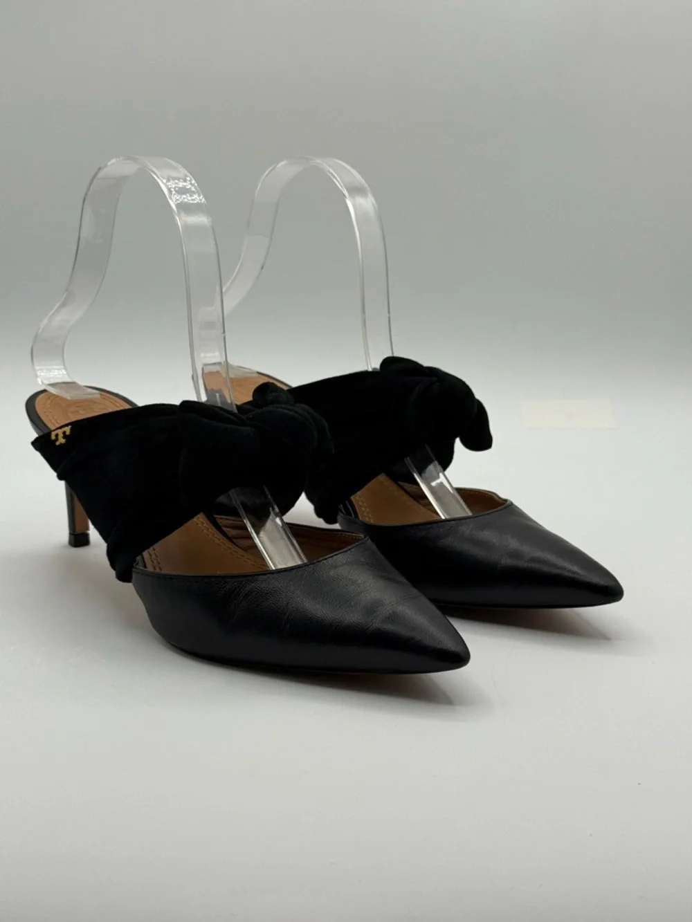 Tory Burch Eleanor Black Leather Pointed Toe Mule Heels w/ Velvet Bow Size 7